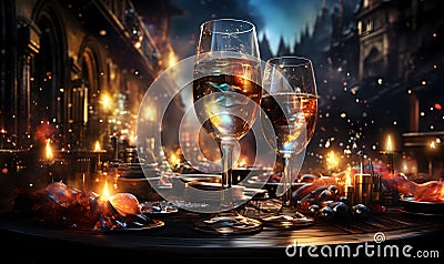 Glasses of wine in the old city at night. 3D rendering. Stock Photo