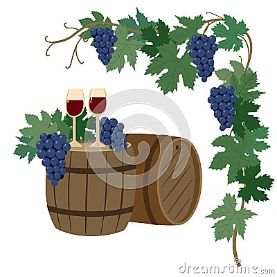 Glasses of wine stand on the barrels. Close bunches of grapes Vector Illustration