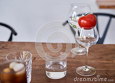Glasses on a wooden table with cherry iced coffee Stock Photo
