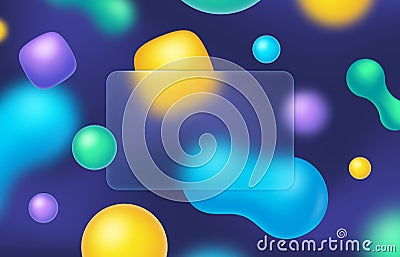 Glassmorphism style frame with colorful abstract background. Transparent frosted glass plate with blurred shapes vector Vector Illustration