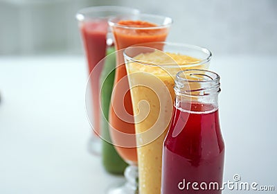 Glassware of tasty smoothies, closeup Stock Photo