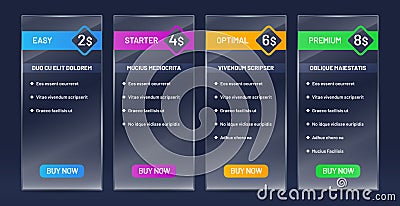 Glassy tariff plans comparison. Tariffs price list, buy banners and website pricing chart transparent glass vector set Vector Illustration