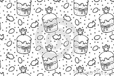 Glaze Easter cakes with eggs and rabbits. Seamless pattern black outline on white background. Doodle stile Stock Photo