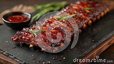 Glazed barbecued ribs on wooden board. Close-up food photography Stock Photo