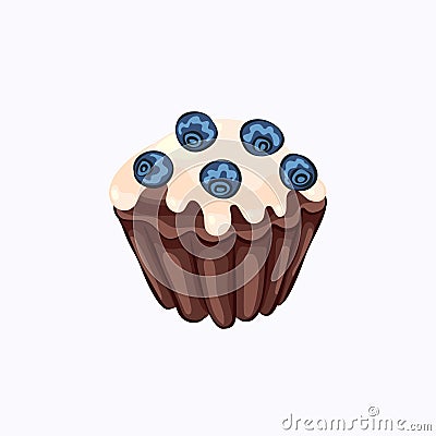 Glazed chocolate muffin with blueberry isolated Vector Illustration