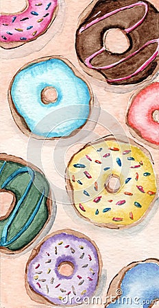 Glazed donuts of different flavours watercolor gift card Stock Photo