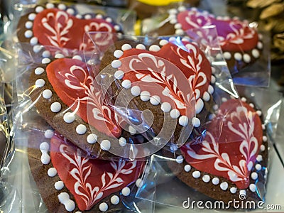 Glazed cookies in the shape of hearts Stock Photo