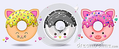 Glazed cute doughnut animals set. Isolated donuts with glaze and bite Vector Illustration