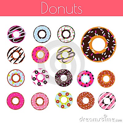 Glazed donuts with coconut shavings and chocolate vector cartoon icon set. Vector Illustration
