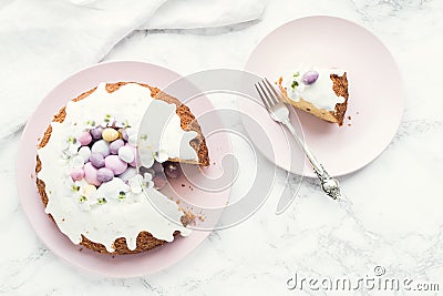 Glazed easter cake with flowers and candy Stock Photo