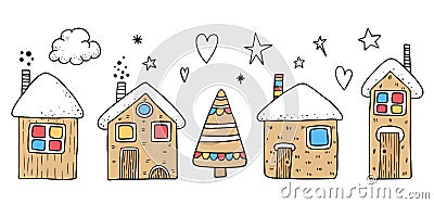 Glazed house-shaped homemade Christmas gingerbread cookie, sketch style vector illustration isolated on white background Vector Illustration