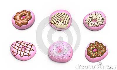 Glazed Pink Donuts Collection 3d realistic design set of elements. Sweet food, donuts with sprinkle Cartoon Illustration