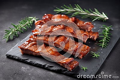 glazed pork ribs on a minimalist gray background Stock Photo
