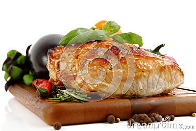 Glazed Roast Pork with vegetables isolated Stock Photo