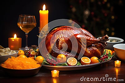 glazed roast turkey on a table with candles Stock Photo