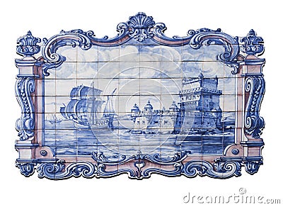 Glazed tile wall depicting Belem Tower at 16th Century with sailing boat departure. Scene made by Santâ€™Anna Factory Editorial Stock Photo