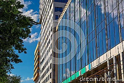 Glazed ventilated facade of commercial building and green tree against blue sky. Fragment of residential building, hotel, hospital Stock Photo