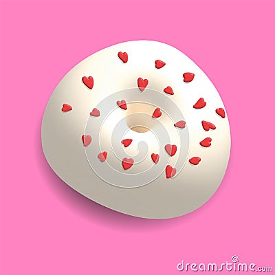 Glazed White Donut with hearths 3d rendered realistic design set of elements. Sweet food, donuts with sprinkle Cartoon Illustration
