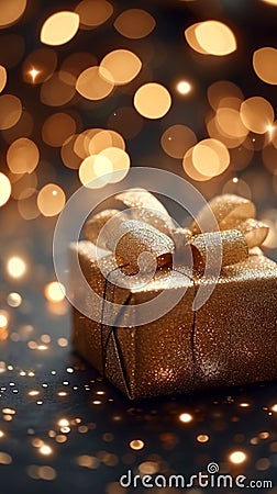 Gleaming gift Gold gift box against a bokeh background Stock Photo