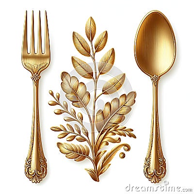 Gleaming Gold Flatware Set on White Canvas, Isolate Image, Generative AI. Stock Photo