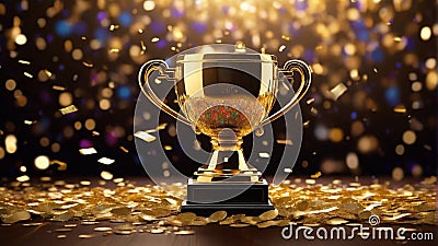 A gleaming gold winners trophy cup takes center stage, surrounded by a festive explosion of colorful celebration Stock Photo