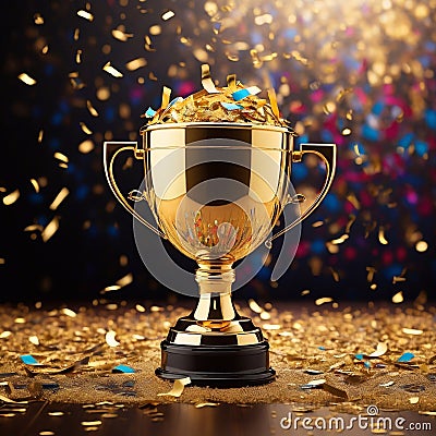 A gleaming gold winners trophy cup takes center stage, surrounded by a festive explosion of colorful celebration Stock Photo