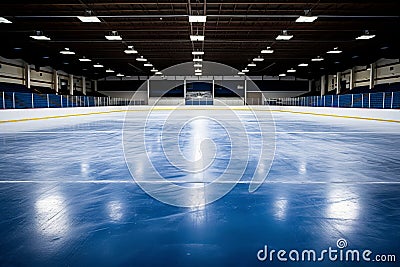 Gleaming ice, radiant arena immaculate hockey rink under bright white and intense blue spotlights Stock Photo