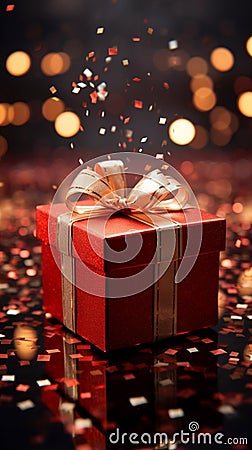 Gleaming red gift box, wide open. Sparkling brilliance and joyful anticipation. Stock Photo