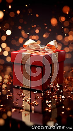 Gleaming red gift box, wide open. Sparkling brilliance and joyful anticipation. Stock Photo