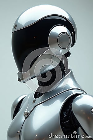 Gleaming silver robot, black helmet detail, sharp focus, metallic, object Cartoon Illustration