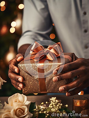 Gleaming Surprise: Man Holding an Elegant Glittering Christmas Gift Stock Photo