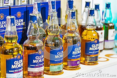 Glen Moray whisky booth at Whisky Dram Festival. Kiev, Uktaine. Editorial Stock Photo