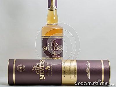 Glen Silver`s aged 8 years blended scotch whisky bottle and box closeup against white Editorial Stock Photo