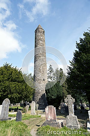 Glendalough Cathedral and Round Tower, Ireland Editorial Stock Photo