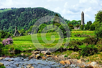 Glendalough monastic site with ancient round tower and church, Wicklow National Park, Ireland Stock Photo