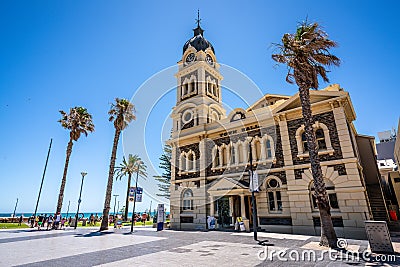 Glenelg town hall building exterior and beach view in Glenelg SA Australia Editorial Stock Photo