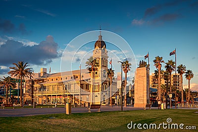 Glenelg Town Hall with Pioneer Memorial at sunset Editorial Stock Photo