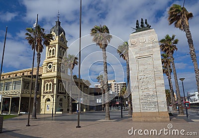 The Glenelg Town Hall and War Memorial on Moseley Square in the City of Holdfast Bay at Glenelg. Editorial Stock Photo