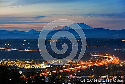 Glenn L Jackson Bridge and Mount Saint Helens after sunset Stock Photo