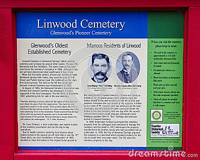 Glenwood Springs, Colorado, USA - May 4 2023: Sign about Linwood Cemetery in Glenwood Springs Colorado Editorial Stock Photo