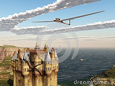 Glider over a Scottish castle Cartoon Illustration
