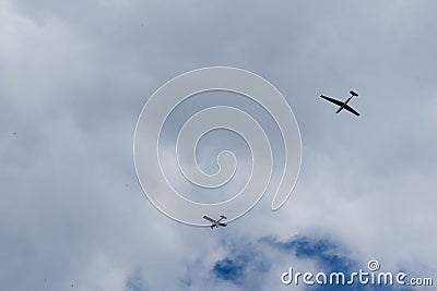 Glider planes flying in the sky. Stock Photo