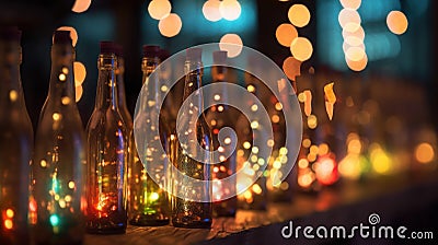 Glimmering Elixir: A Captivating Bokeh of Wine Bottles Stock Photo