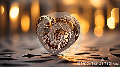 Glimmering Heart: Intricate Metallic Sculpture in Golden Evening Light Stock Photo