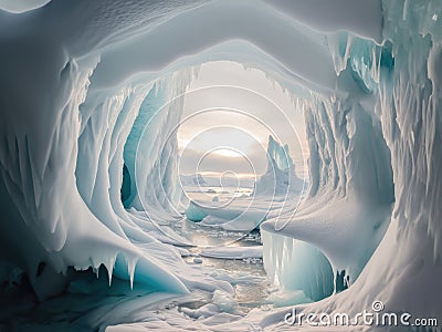 Glimmering Majesty: An Enchanting Ice Cave Bathed in Ethereal Li Stock Photo