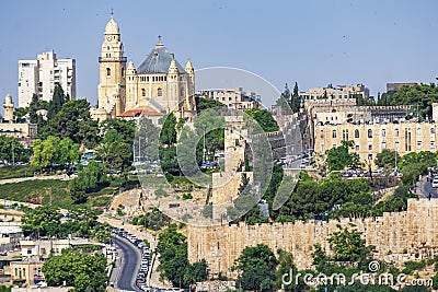 Glimpse of Jerusalem with the Abbey of the Dormition Stock Photo