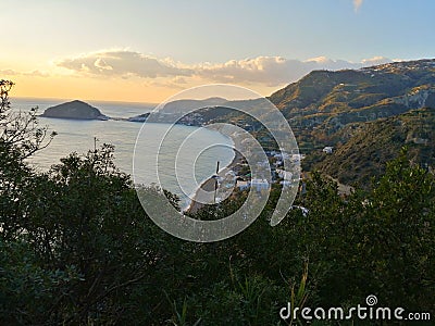 Glimpse of the seaport and buildings of the island of Ischia, Gulf of Naples, Italy Stock Photo