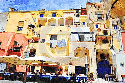 A glimpse of the traditional buildings of the fishing village on the island of Procida in Italy. Digital painting Stock Photo