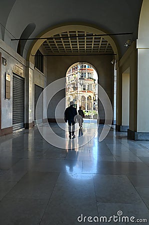 Glimpse of typical arcades in Castle square Turin Italy Editorial Stock Photo