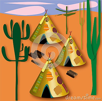 Landscape of a village with American Indian tent among the cactus Stock Photo